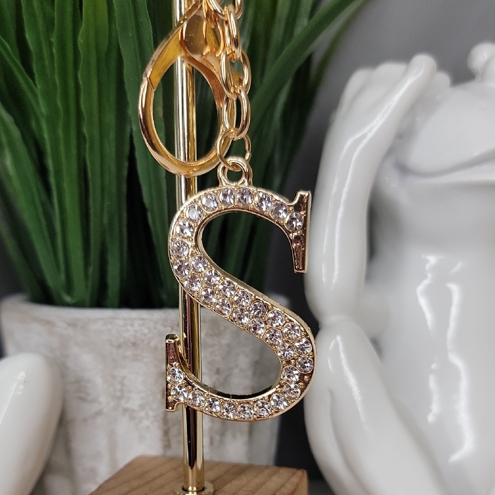 Letter S Initial S Alphabet S Rhinestone Gold Key Chain Bag Charm - Picture 2 of 7